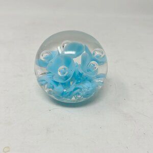 Vintage Maude & Bob St. Clair Paperweight Clear Glass Light Blue Flowers Bubbles